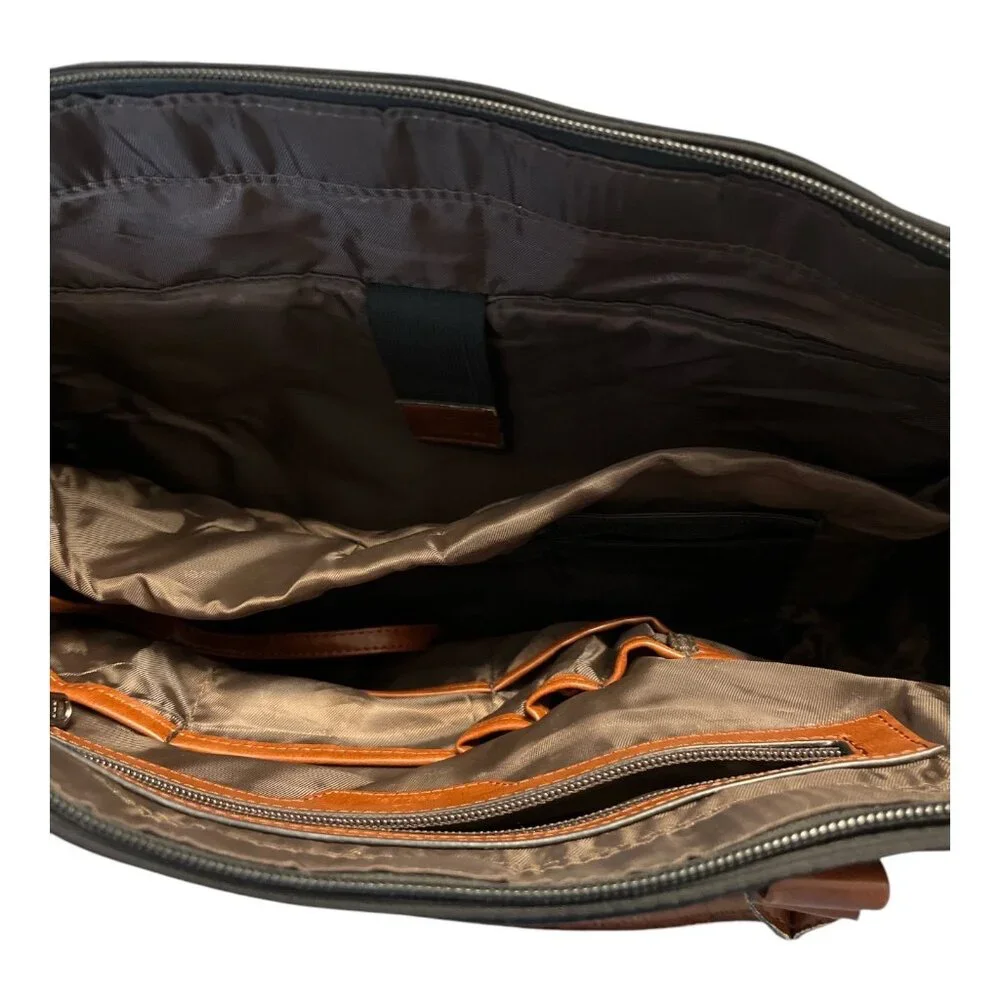 Relavel Black Nylon Tote Bag with Brown Faux Leather Trim – USB Port – Large Wor